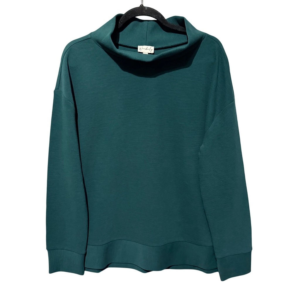 Wonderly Mock Neck Ribbed Pullover Top Womens Large Mora Green Long Sleeve Comfy